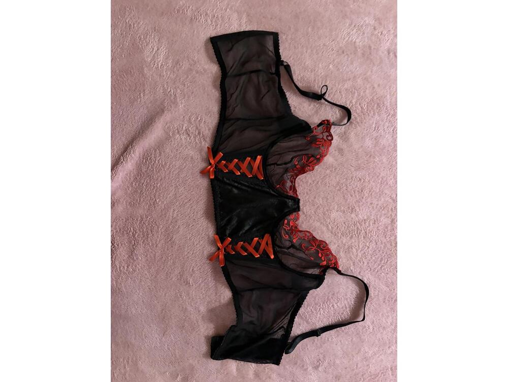 Black and Red Sheer Lace Bra with Ribbon Detail
